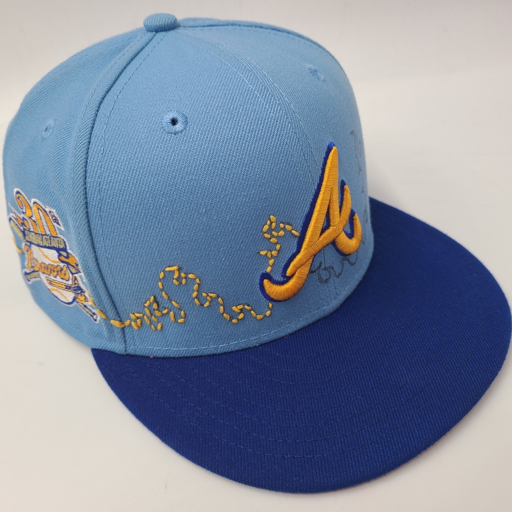 Atlanta Braves Hat Fitted 7 3/8 New Era 59Fifty Blue MLB 30th Anniversary *READ*